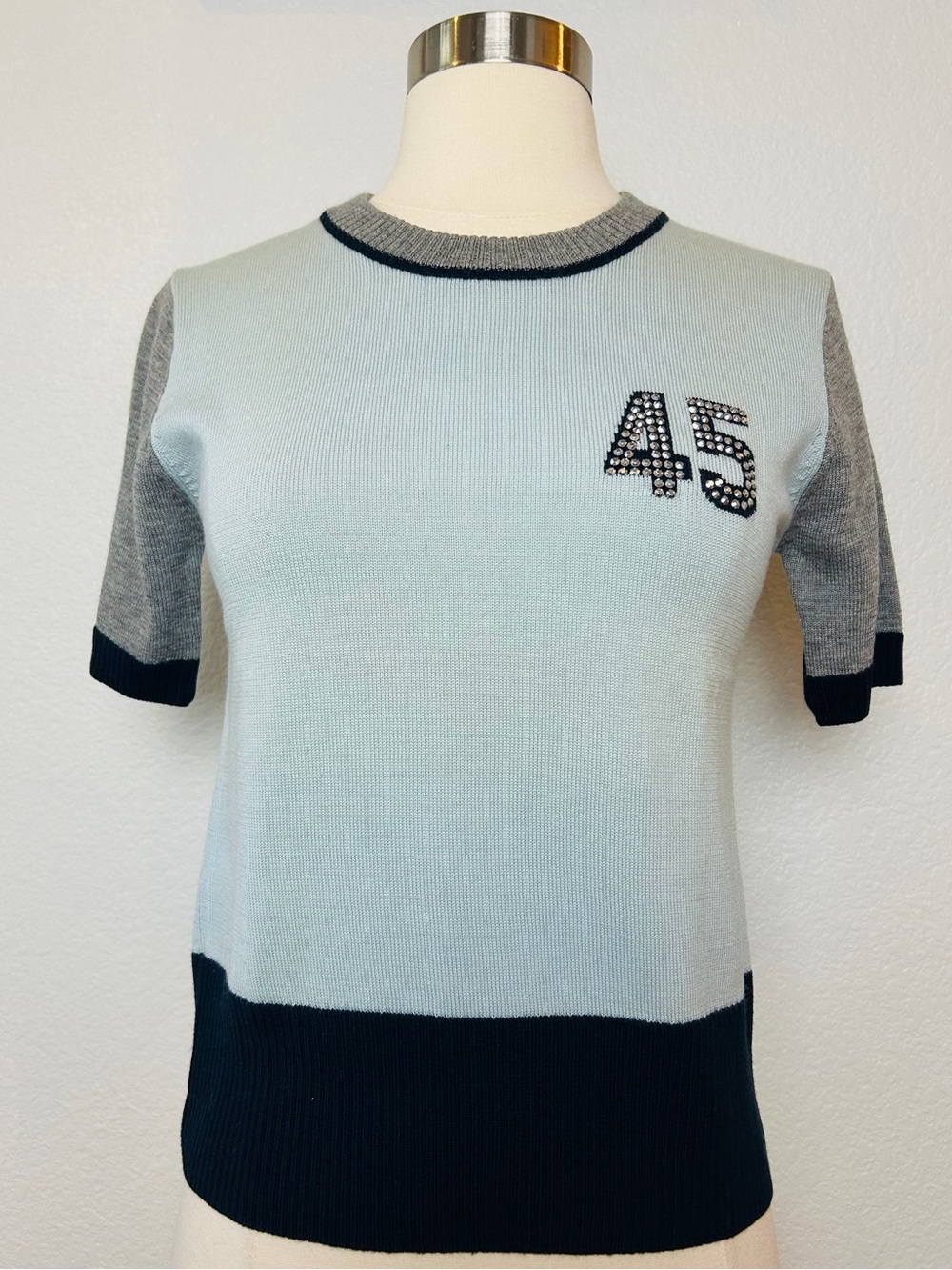 Lindarico Made In Italy Women's 40/S Blue Gray Color Block Wool Short Sleeve Top